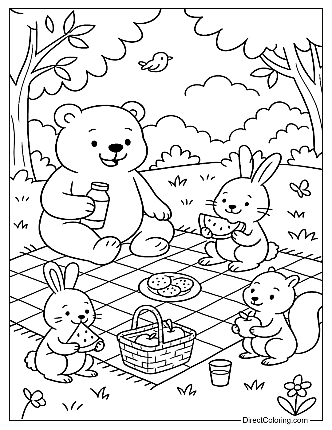 Coloring page of wild animals such as bears, rabbits, hedgehogs and squirrels sitting around a picnic mat